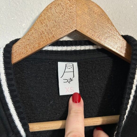 Tsuki Black Moon Pullover Sweatshirt XS Striped Trim Crewneck Casual Comfy - Picture 4 of 6